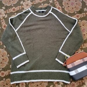 Olive Green Crew Neck Sweater with White Trim